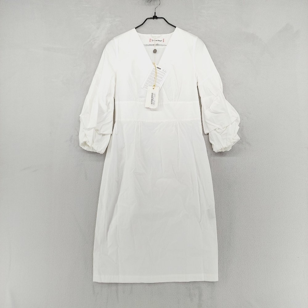 NEW Le Sarte Pettegole White Puff Sleeve Cotton Blend Midi Dress P12